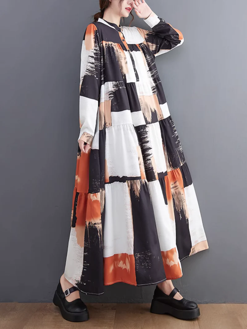 Comfort Large Size Loose Printing Collar A-Line Dress - Image 9