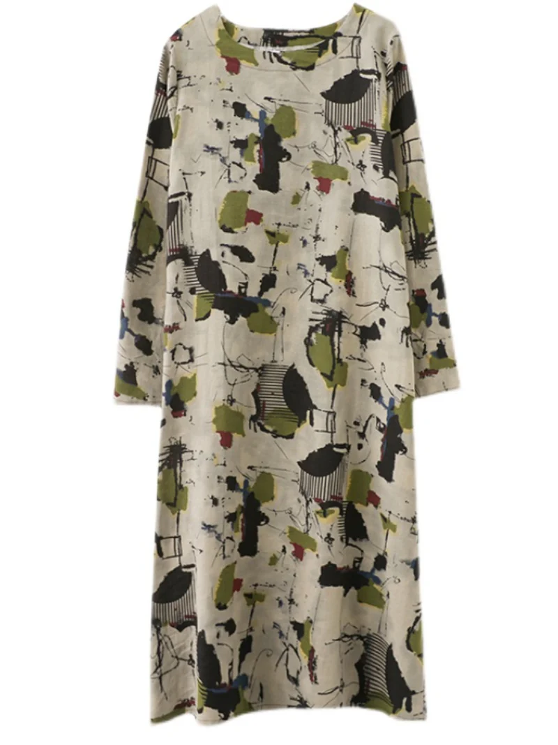 cotton long-sleeved pring summer with broken flowers A-line dress - Image 2