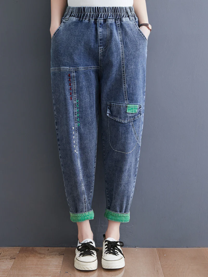 Denim Casual Western Style Loose Large High Waist Denim Pants - Image 2