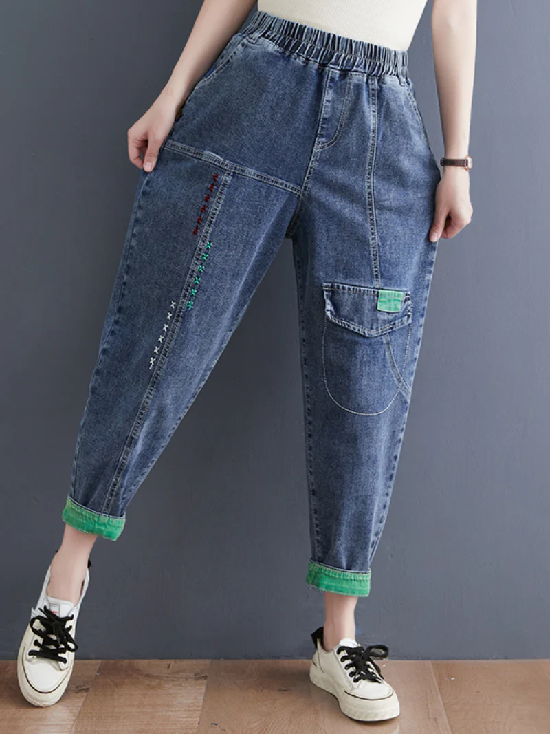 Denim Casual Western Style Loose Large High Waist Denim Pants - Image 3