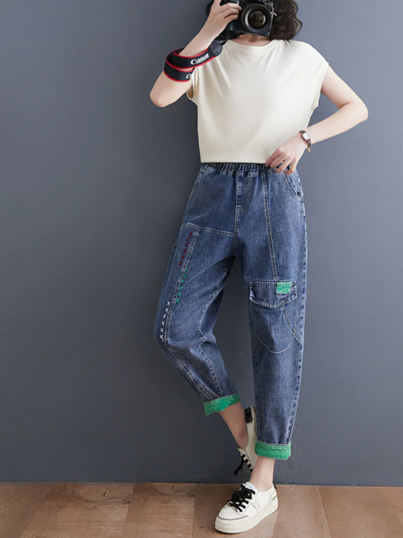 Denim Casual Western Style Loose Large High Waist Denim Pants - Image 6
