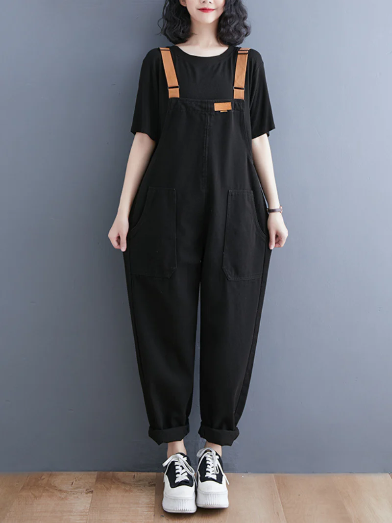 Denim Loose Shoulder Strap Large Size Black Overalls - Image 3