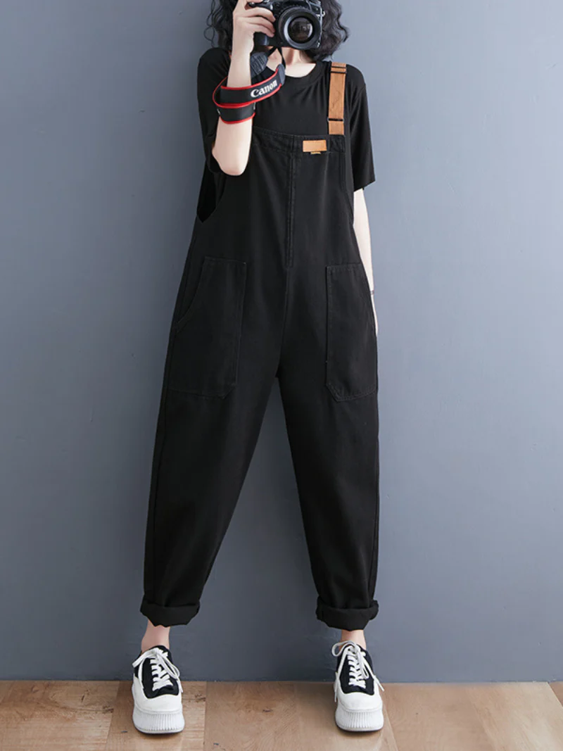 Denim Loose Shoulder Strap Large Size Black Overalls - Image 4