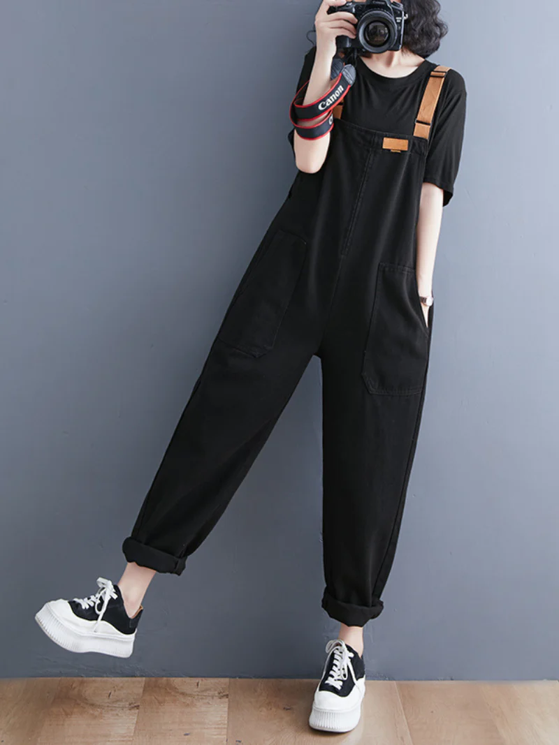 Denim Loose Shoulder Strap Large Size Black Overalls - Image 5