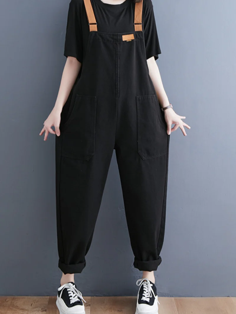 Denim Loose Shoulder Strap Large Size Black Overalls - Image 6