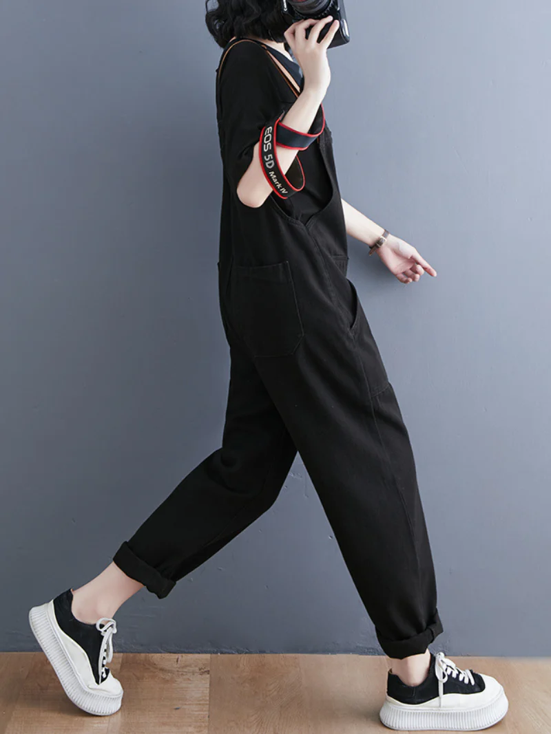 Denim Loose Shoulder Strap Large Size Black Overalls - Image 7