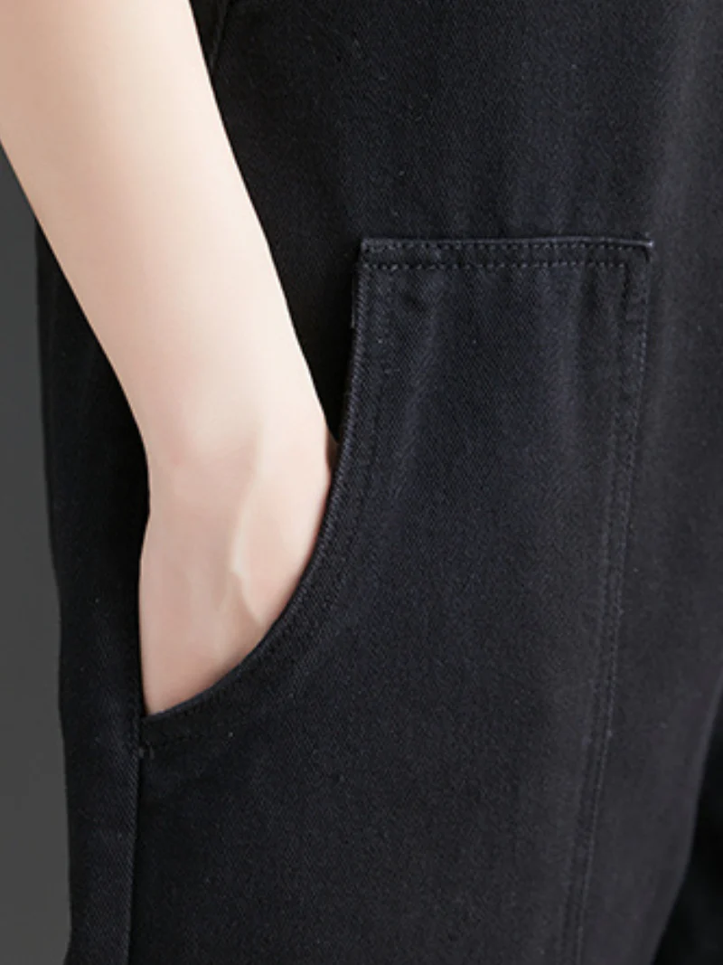Denim Loose Shoulder Strap Large Size Black Overalls - Image 8