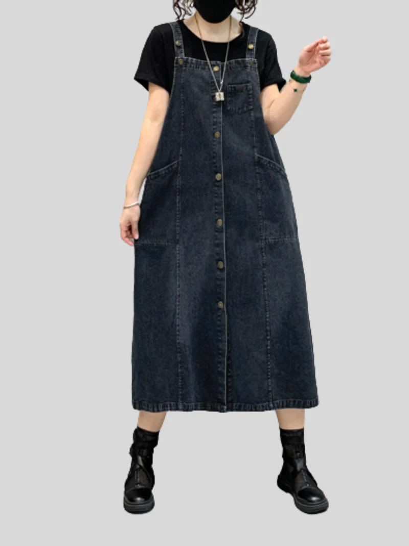 Denim Midi-Length Over-The-Knee Casual Salopette Dress - Image 2