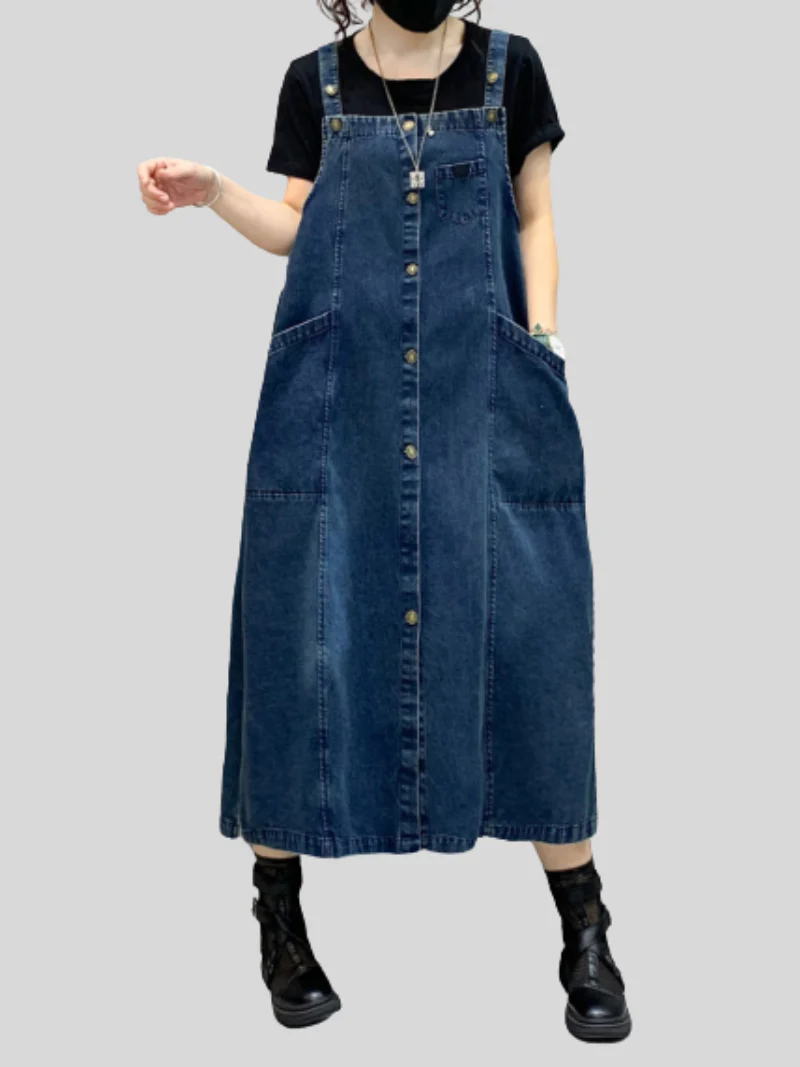 Denim Midi-Length Over-The-Knee Casual Salopette Dress - Image 3