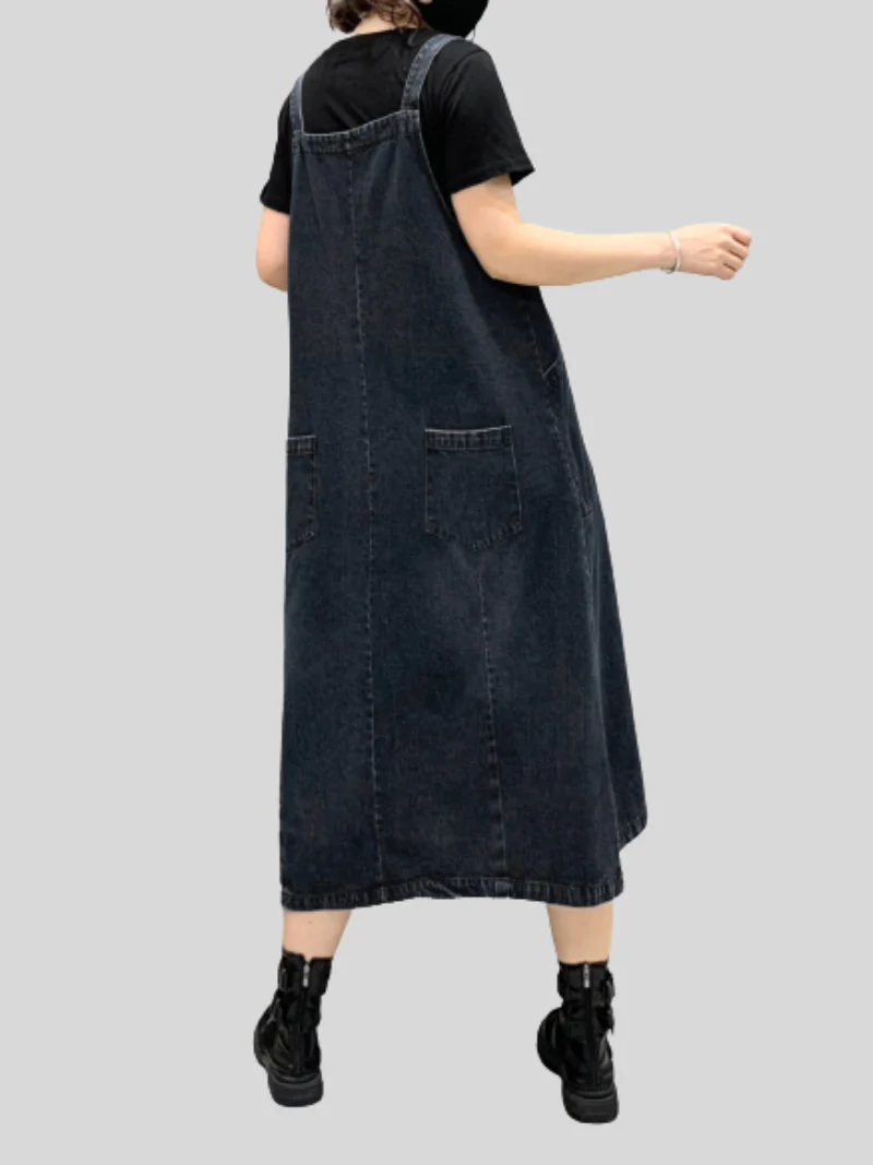 Denim Midi-Length Over-The-Knee Casual Salopette Dress - Image 4