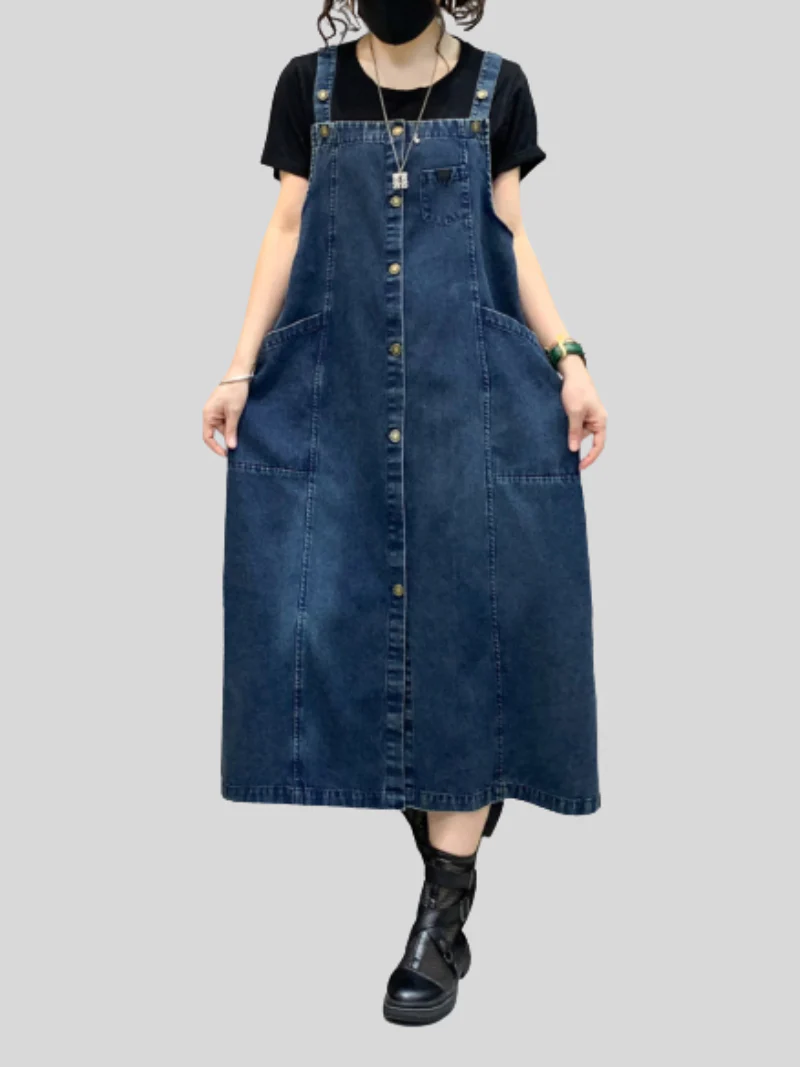 Denim Midi-Length Over-The-Knee Casual Salopette Dress - Image 6