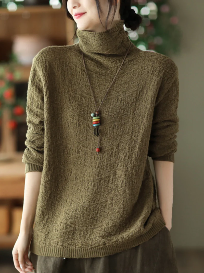 Double-knit Turtleneck Knitted Loose Thin Pullover Top - Image 3