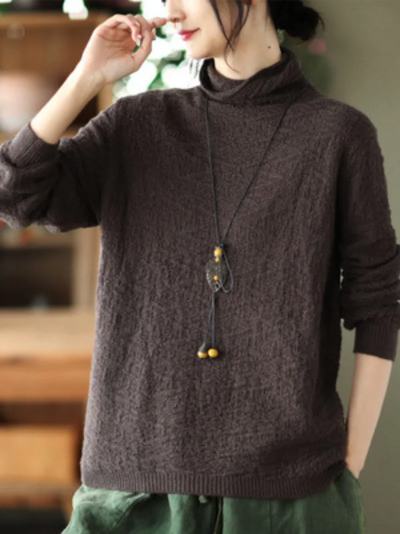 Double-knit Turtleneck Knitted Loose Thin Pullover Top - Image 5