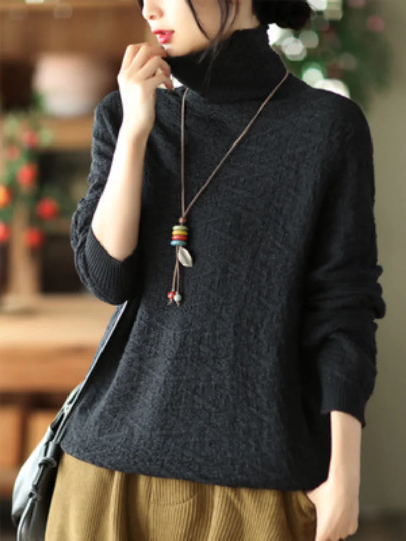 Double-knit Turtleneck Knitted Loose Thin Pullover Top - Image 6