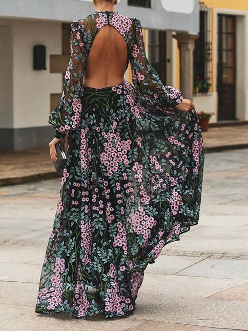 Bare Back Long Sleeve Print Dress - Image 2