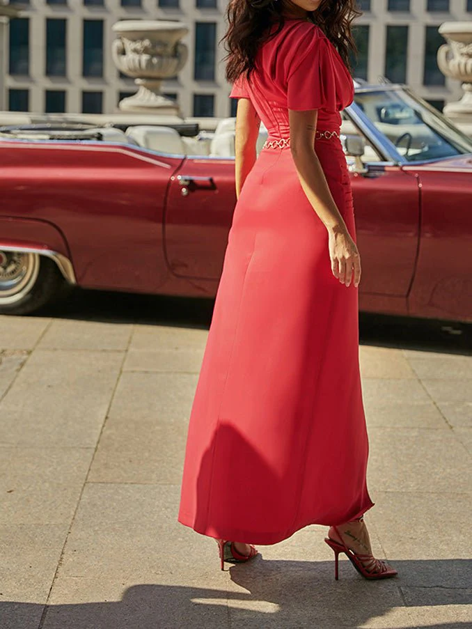 Crew Neck Pleated Slit Maxi Dress - Image 5
