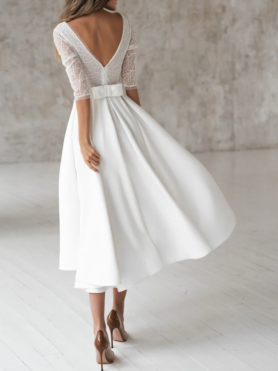 Lace V-Neck Backless Swing Dress - Image 3