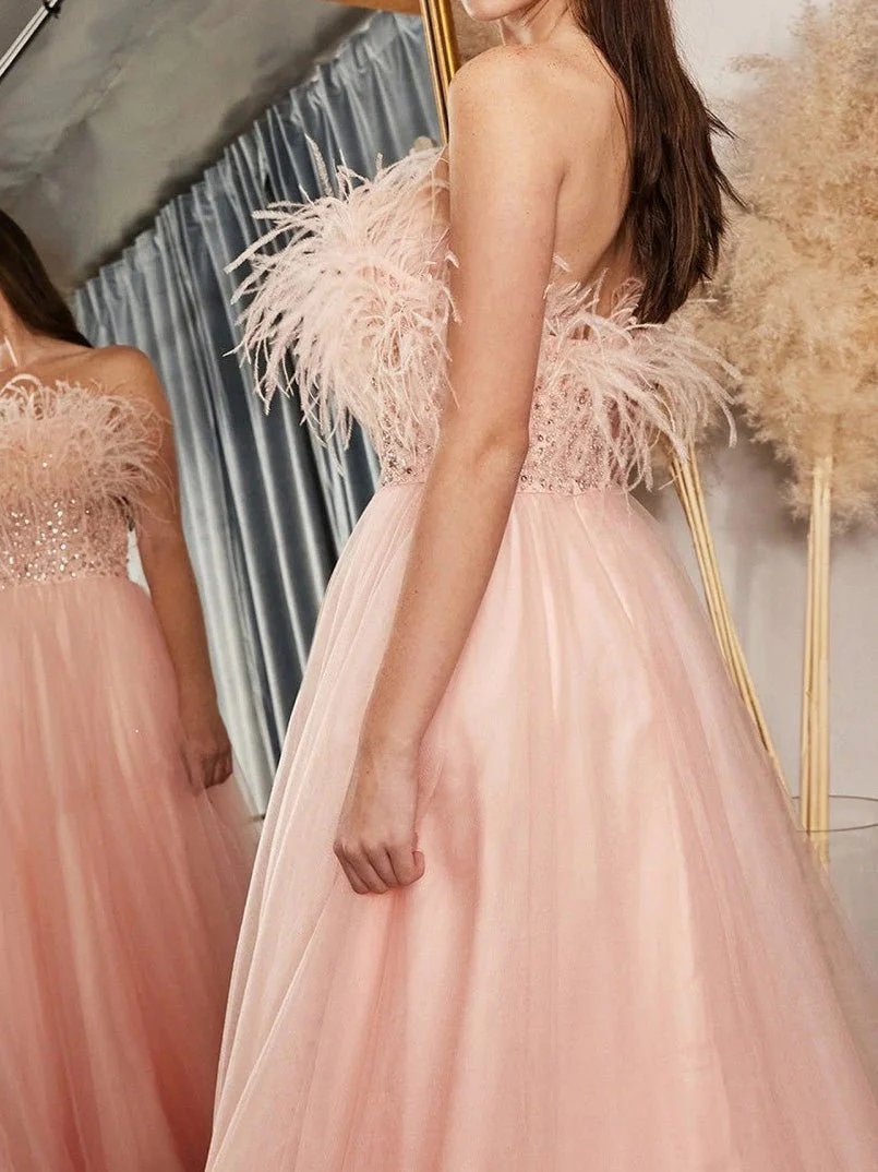 One-Shoulder Feather Sequin Panel Mesh Dress - Image 3