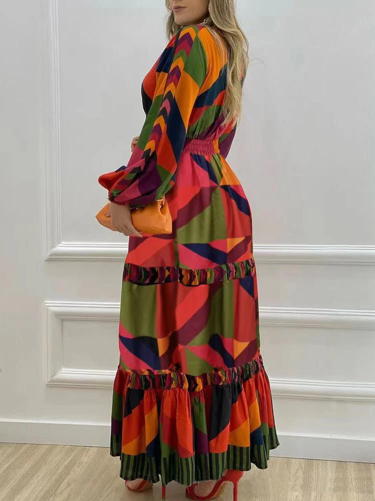 Printed V-Neck Long Sleeve Dress - Image 2