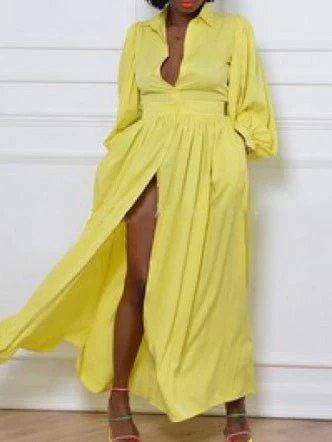 Solid Button Balloon Sleeve Shirt Dress - Image 2