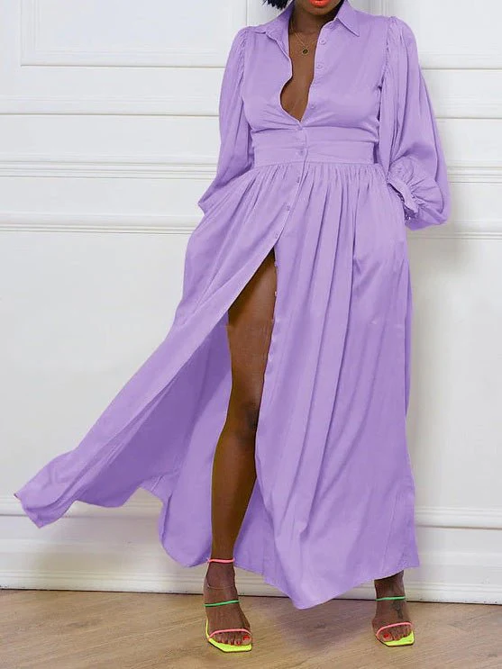 Solid Button Balloon Sleeve Shirt Dress - Image 3