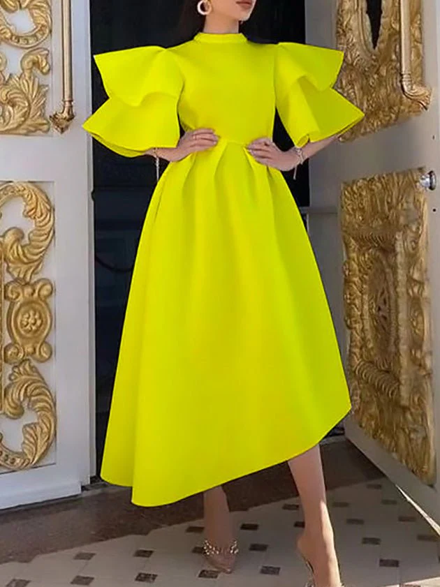 Solid Double Layer Ruffle Sleeve Dress - Image 4
