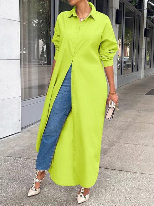 Solid Long Sleeve Slit Shirt Dress - Image 2