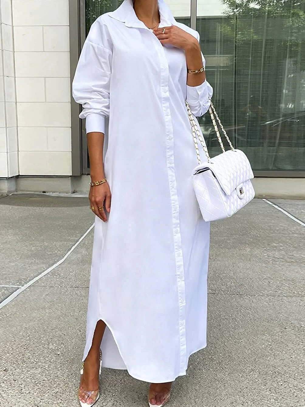 Solid Long Sleeve Slit Shirt Dress - Image 4