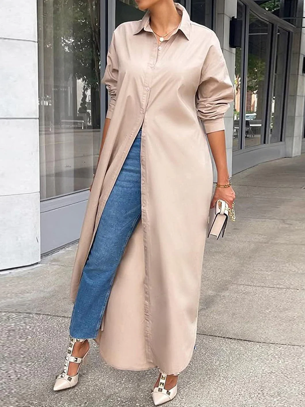 Solid Long Sleeve Slit Shirt Dress - Image 5