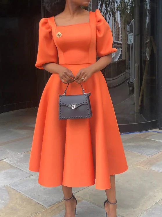 Solid Square Neck Short Sleeve Dress - Image 2