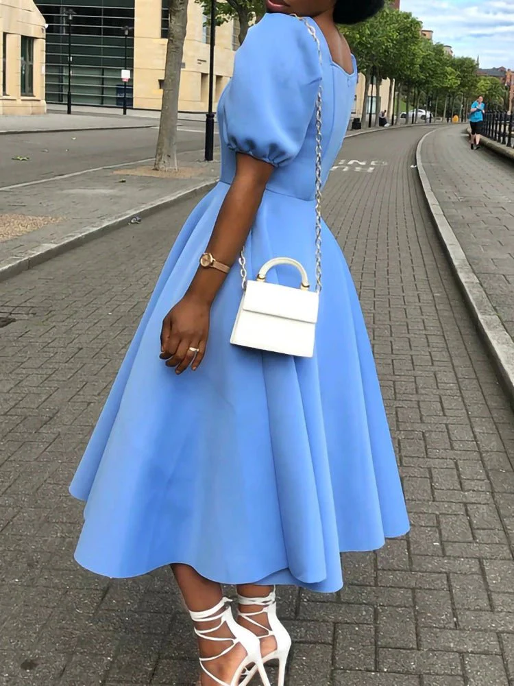 Solid Square Neck Short Sleeve Dress - Image 4