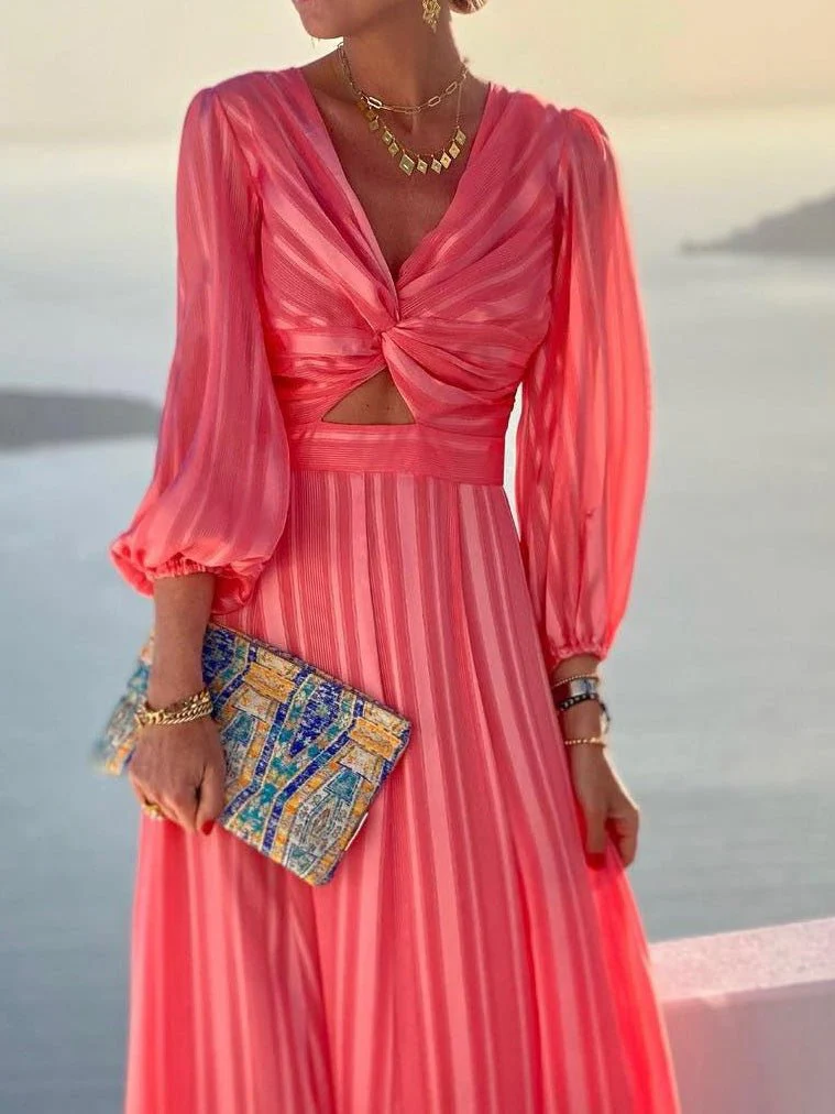 Striped Print Hollow Puff Sleeve Dress - Image 2