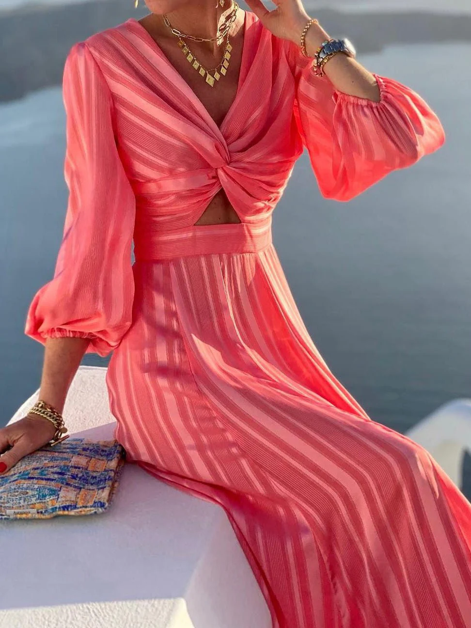 Striped Print Hollow Puff Sleeve Dress - Image 3