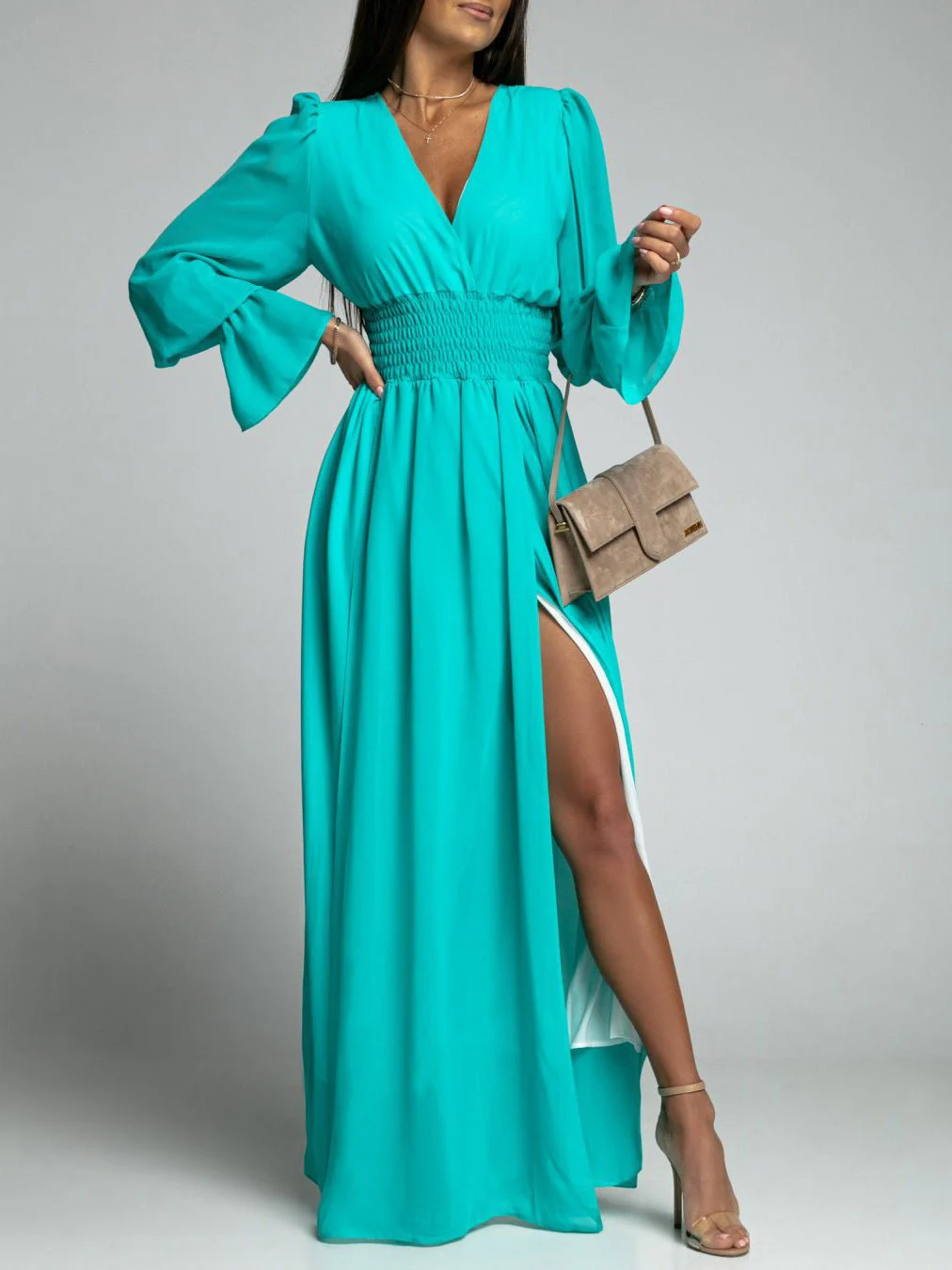 V-Neck Elastic Waist Long Sleeve Slit Dress - Image 4