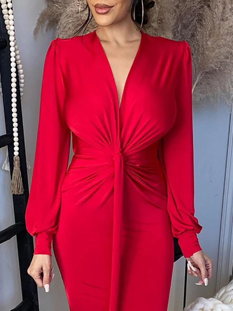 V Neck Long Sleeve Slim Fit Slit Dress - Image 2