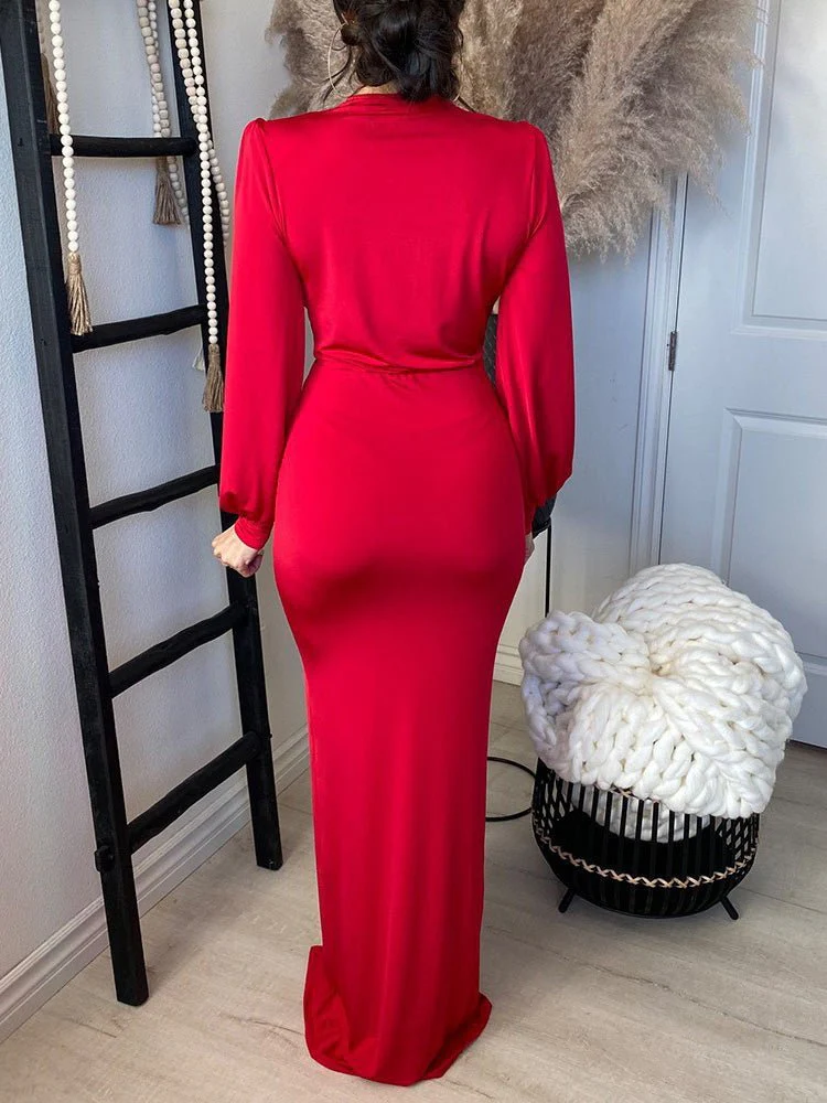 V Neck Long Sleeve Slim Fit Slit Dress - Image 3