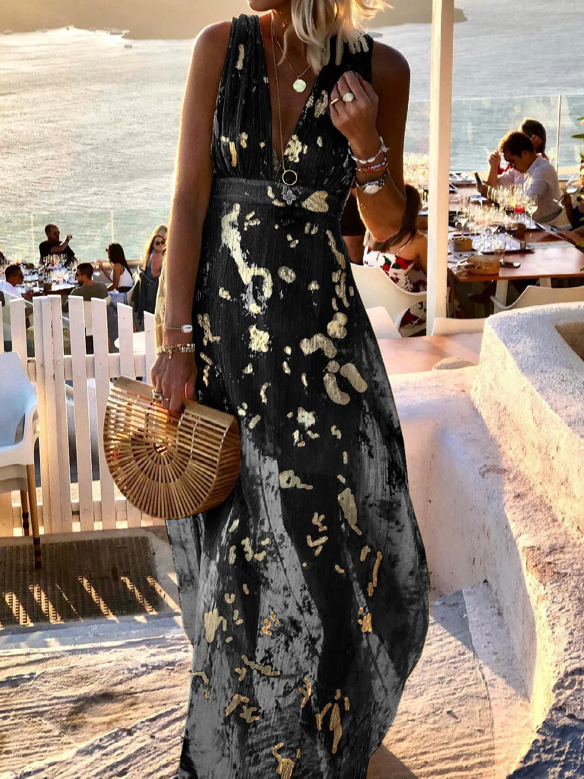 V-Neck Print Hot Stamping Maxi Dress - Image 3