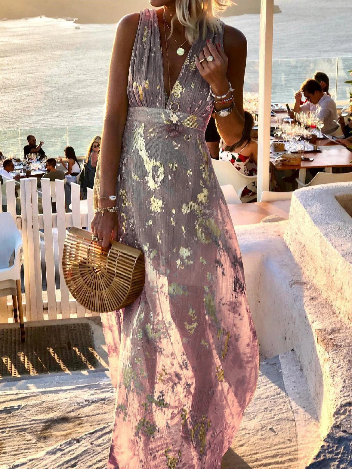 V-Neck Print Hot Stamping Maxi Dress - Image 4