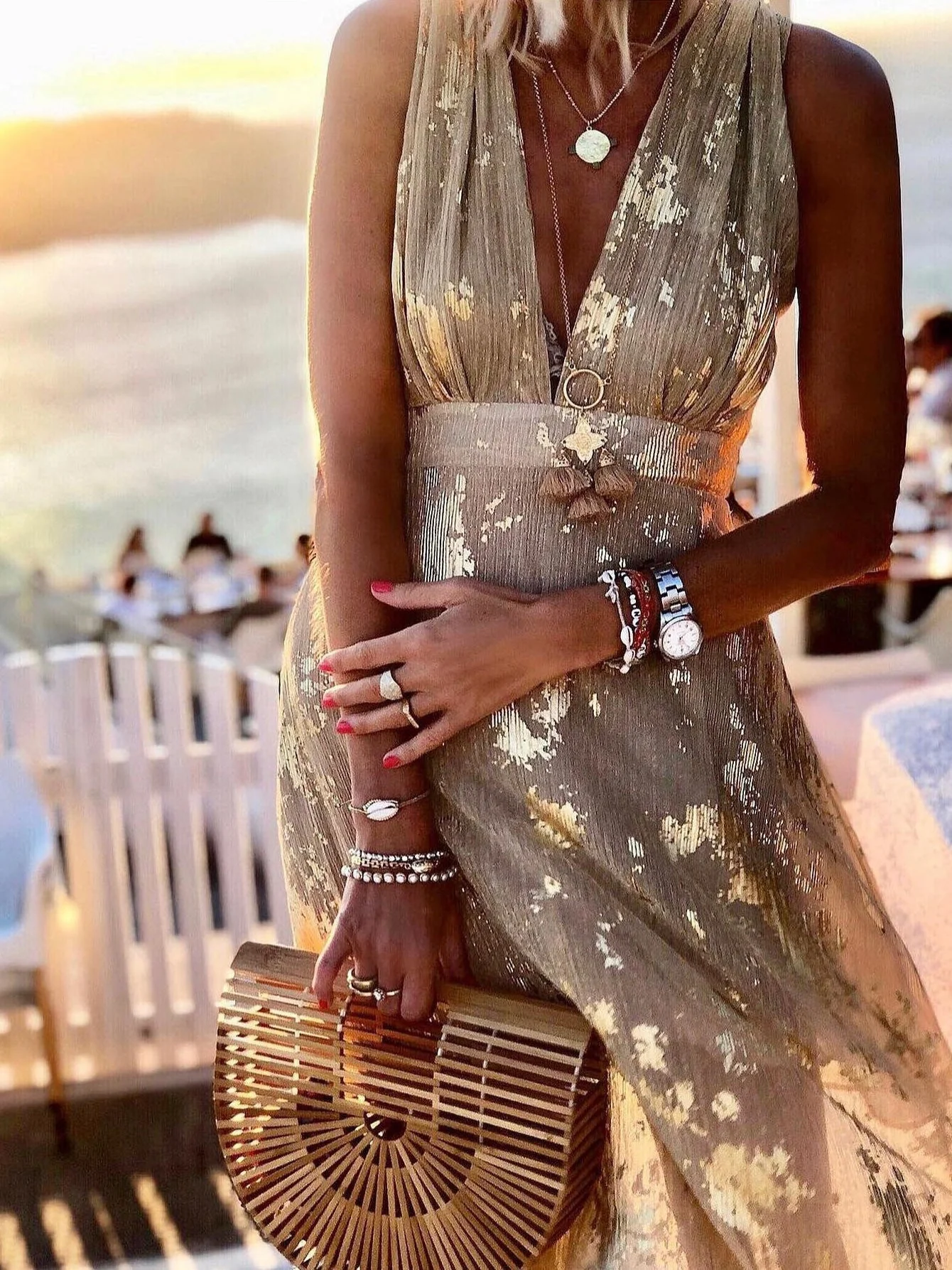 V-Neck Print Hot Stamping Maxi Dress - Image 6