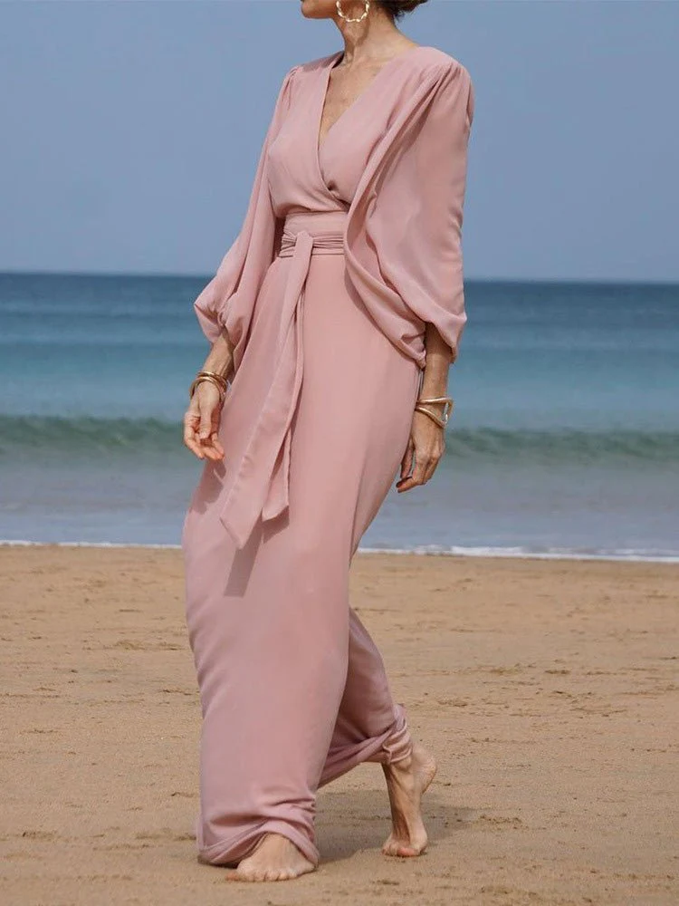 V-Neck Tie Balloon Sleeve Dress - Image 2