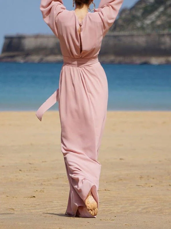V-Neck Tie Balloon Sleeve Dress - Image 3