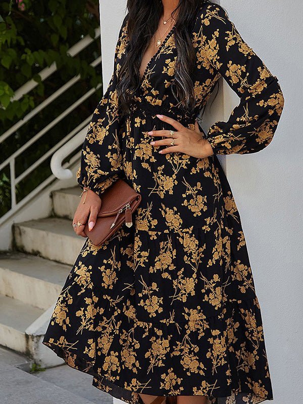 V-Neck Vintage Print Long Sleeve Dress - Image 2