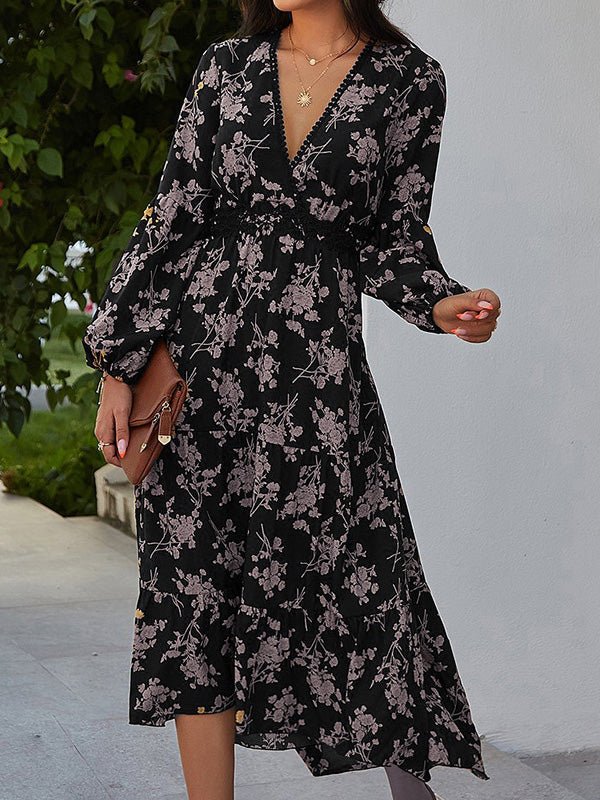 V-Neck Vintage Print Long Sleeve Dress - Image 3
