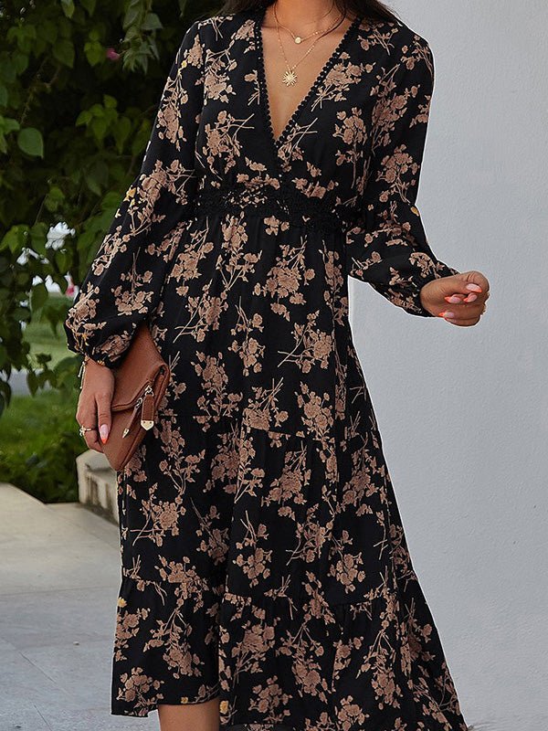 V-Neck Vintage Print Long Sleeve Dress - Image 4