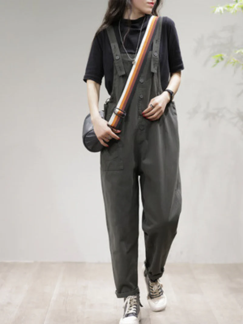 Stay Stylish Comfortable Loose Solid  Dungarees - Image 2