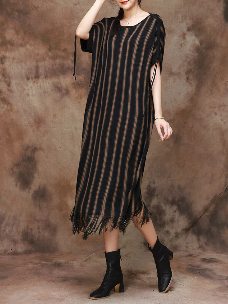 Elegance Striped Knitted Large Size Midi Dress - Image 4