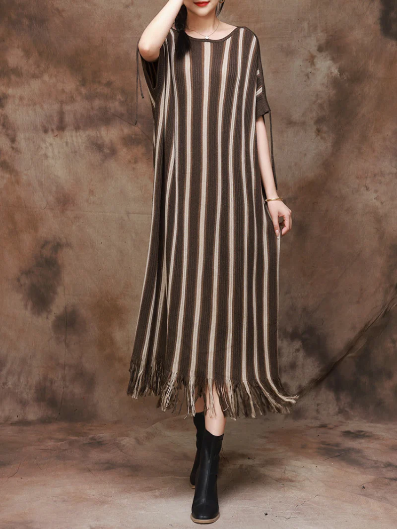 Elegance Striped Knitted Large Size Midi Dress - Image 7