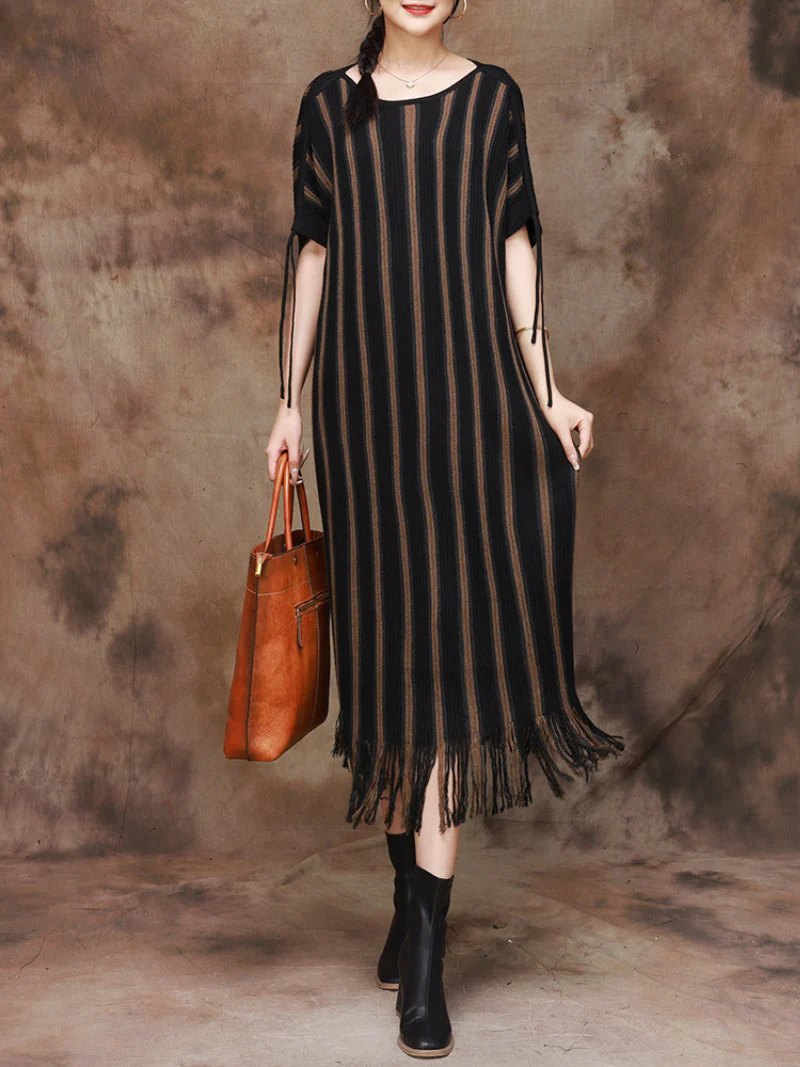 Elegance Striped Knitted Large Size Midi Dress - Image 8