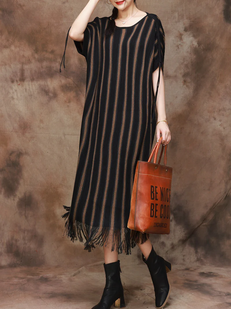 Elegance Striped Knitted Large Size Midi Dress - Image 9