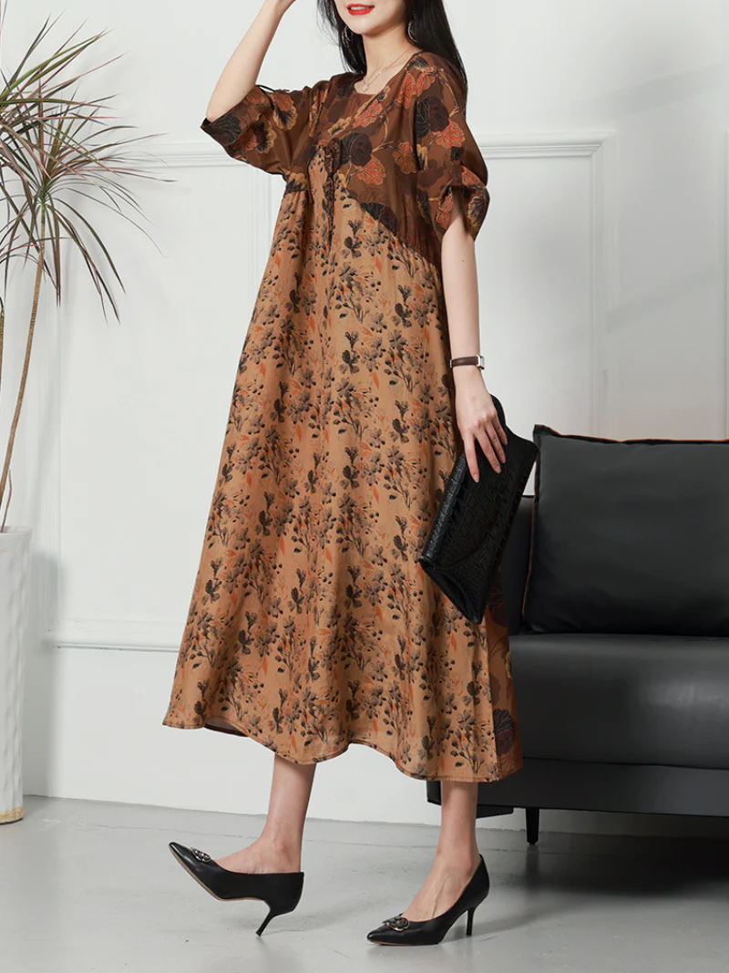 Casual Printed Flower Short Sleeved Loose Waist Midi Dress - Image 2